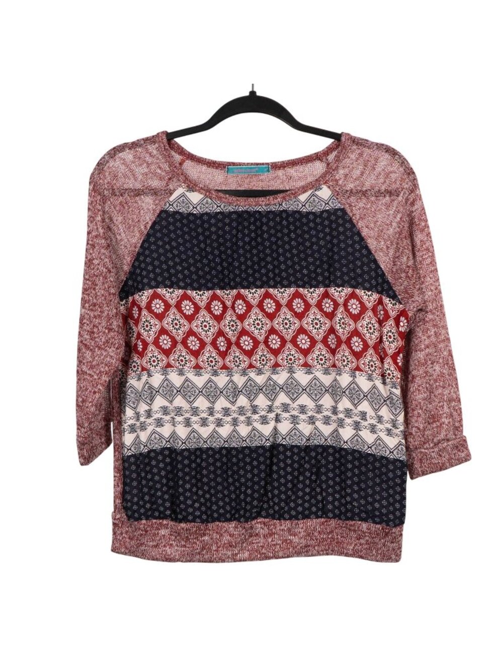 Red Mixed Material Sweater XL VTG Raglan Knit Mixed Geometric Southwest